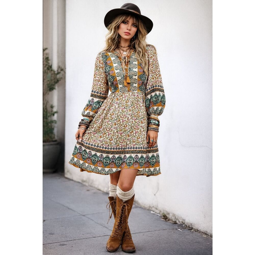Umgee Boho Floral Mini Dress Gold Hippy Retro Stevie Nicks Vibes L
